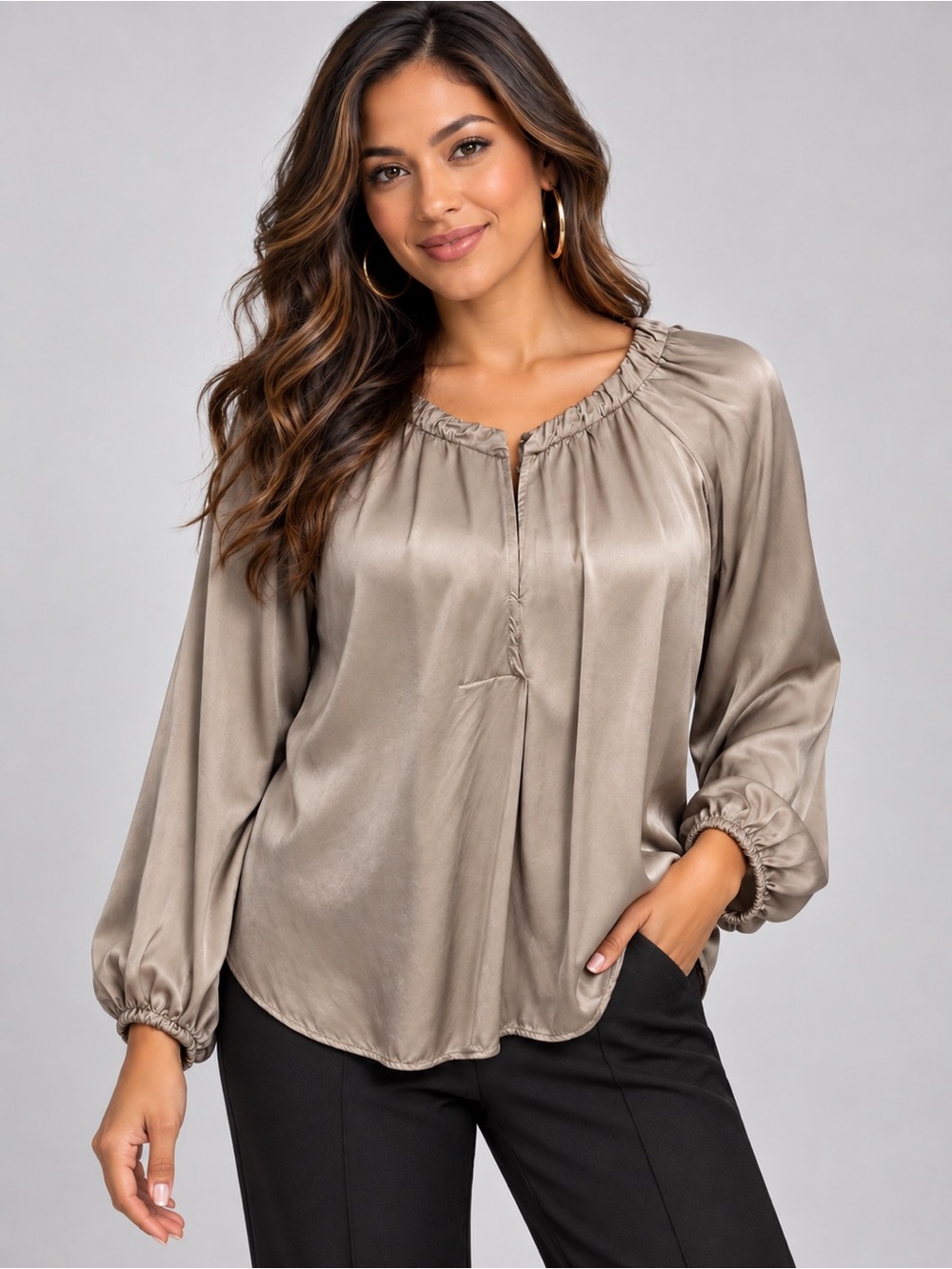 Zara voluminous satin effect front pleat blouse, gray size M